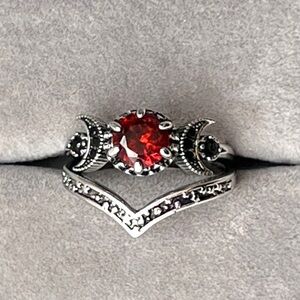 Silver and Red Gemstone Moon Double Ring Set 9 Fashion Jewelry Whimsigoth Boho